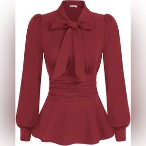 NWT GRACE KARIN Long Sleeve Peplum Shirt Bow Tie Work Blouses Tops Smocked Waist